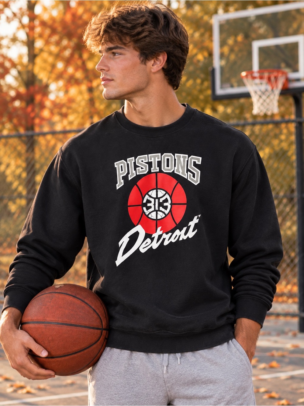 Detroit Pistons 47 Brand Crewneck Sweatshirt with Red & White 313 Pistons Logo